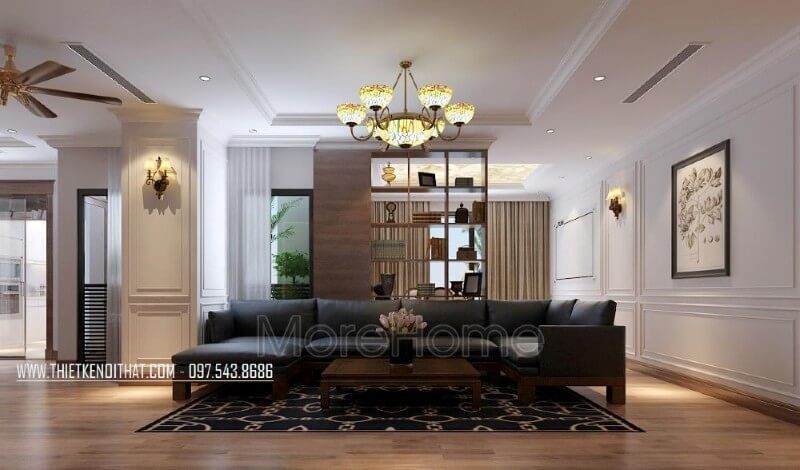 . Gia chủ đã lựa chọn bộ sofa óc bọc da cao cấp trong mẫu thiết kế này để đáp ứng nhu cầu tụ tập của gia đình đông thành viên trong những dịp cuối tuần, và cũng là một cách để thể hiện đẳng cấp của gia chủ.