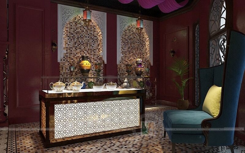 Ghế sofa đơn bọc nỉ màu xanh tân cổ điển làm nổi bật vẻ đẹp của không gian căn phòng.